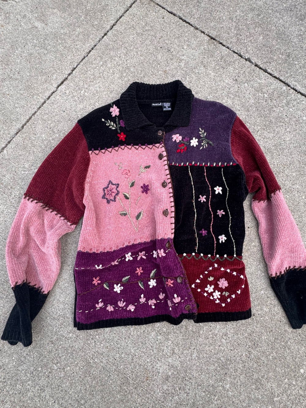 Northcrest Patchwork Embroidered Pink, Burgundy & Black Cardigan